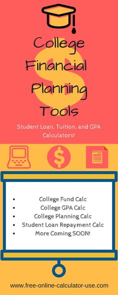 the college financial planning tools poster is shown in three different colors and font, along with an image of a calculator