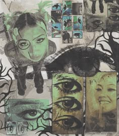 an artistic collage with many different pictures on it, including one woman's face and two men's eyes