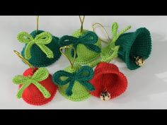 crocheted christmas ornaments with bells and bows