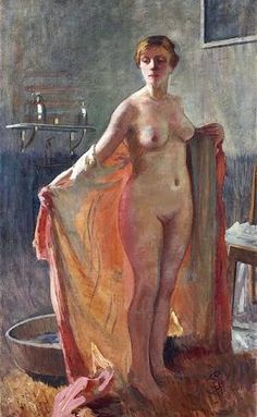 a painting of a naked woman holding a towel