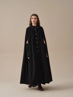 ARIEL 14 | HOODED WOOL CLOAK COAT – Linennaive Gothic Winter Cape Outerwear, Gothic Cape Outerwear For Winter, Medieval Style Winter Cape, Medieval Winter Cape Outerwear, Medieval Style Winter Cape Outerwear, Elegant Fall Outerwear For Larp, Medieval Style Fall Cape, Medieval Style Fall Cape Outerwear, Medieval Winter Cape