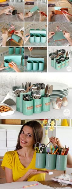 a collage of photos showing how to use tin cans as storage for utensils