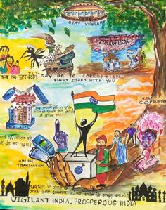 a painting depicting india and other countries with people holding flags, trees, and buildings in the background