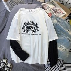 Korean+Women+t-shirts+letters+stripe+Patchwork+tops+O-Neck+All-match+Students+tee+shirt+autumn+fashion+Large+size+Casual+T+shirt Kawaii Tops, Loose Clothing, Patchwork Top, Clothing Casual, Loose Outfit, Womens Long Sleeve Shirts, Brick Red, Casual T Shirts, Women Long Sleeve