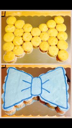 two pictures of cupcakes with bows on them