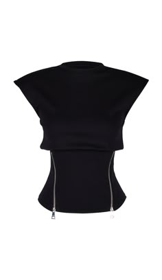 The Zahara Tshirt offers a contemporary twist on the classic black top. Featuring a crew neck, subtly defined shoulders, and two bold zippers on the front, this top fits snugly from below the chest. Versatile for both day and night, the Zahara Tshirt is truly one of a kind. 65% Viscose 30% Polyamide  5% Elastane Fashion Design Moodboard, Corset T Shirt, Futuristic Clothes, Athleisure Chic, Cool Sleeves, Shirt Blouses Women's, Mode Inspiration, Premium Denim, Jacket Sale