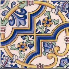 an artistic tile design with blue and yellow flowers