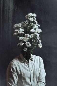 bouquet on head photography, photograph, fine-art photography, photography, flower, one, man, bouquet, rose, wedding, portrait, flora, leaf, art, nature Flowers, Wall, Photography, White, Black