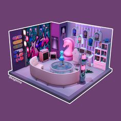 a purple room with furniture and decorations on the walls is shown in an animated style