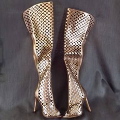 New Rose Gold Metallic Peep Toe Laser Cut Caged Thigh High Boots Heels Size 6 Peep Toe. 4.25" Stiletto Heel. Back Zipper Closure. Synthetic. 26" Tall Condition: New And Unworn, No Box Tags: Heels, Gladiator, Boots, Party, Closet Staple, Glam, Chic, Night, Club, Sexy Party Closet, Justin Cowgirl Boots, Boots Party, Gladiator Boots, Leather Cowgirl Boots, Grey Suede Boots, Zara Boots, Thigh Boots, Glam Chic