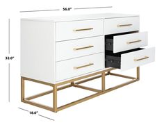 a white and gold dresser with drawers on it's sides, measurements for each drawer