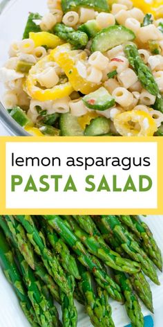 lemon asparagus pasta salad on a white plate