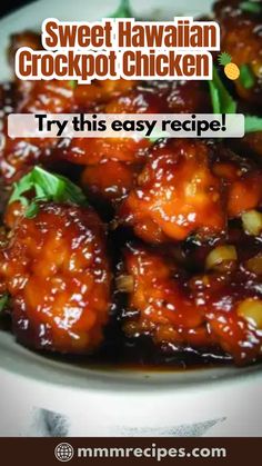 sweet and sour hawaiian crockpot chicken recipe on a plate with lettuce