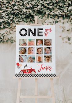 an easel with a one year photo on it