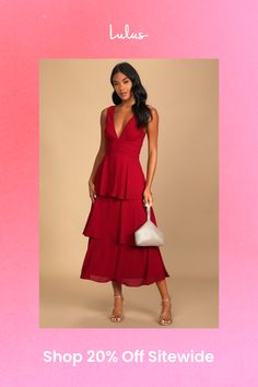 Any event will feel like a celebration when you're in the Lulus Celebration Time Red Sleeveless Tiered Midi Dress! Woven chiffon shapes this chic dress that has wide straps, a V-neckline (and back), and a fitted bodice. A gathered waist tops an A-line midi skirt that's accented with flouncy tiers. Hidden side zipper/clasp. Fit: This garment fits true to size. Length: Mid-calf length. Size medium measures 50.5" from shoulder to hem. Bust: Great for any cup size. Waist: Fitted - very fitted at natural waist. Hip: Not Fitted - fuller skirt allows room for hips. Undergarments: May be worn with an adhesive bra, petals, or no bra. Fabric: Fabric has no stretch. Fully Lined. Shell: 100% Polyester. Lining: 100% Polyester. Hand Wash Cold. Do Not Bleach. Line Dry. Iron Low Heat. Imported. Lulus | Ce Rehearsal Dinner Guest Outfits, Casual Formal Dresses, Black Tie Wedding Guests, Chiffon Midi Dress, Casual Wedding Dress, Dress Chiffon, Adhesive Bra, Black Tie Wedding, Tiered Midi Dress