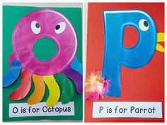 two pictures of paper plates with letters and animals on them, one is for octopus and the other is for pis for parrot