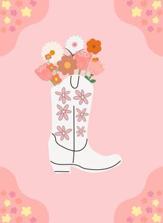 a white boot with flowers in it on a pink background