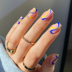 Hannah Ross 🌿 on Instagram “🌀 Neon swirls 🌀 • • glossifyofficial navyprotools Inspo Short Nail Designs Yellow And Blue, Neon Lines Nails, Cute Blue And Yellow Nails, Neon Yellow Nails Designs Short, Blue Yellow Nail Art, Nail Blue And Yellow, Blue And Yellow Manicure, Neon Line Nails, Blue And Yellow Gel Nails