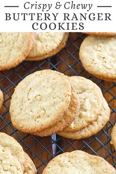 crispy and chewy buttery ranger cookies on a cooling rack with text overlay