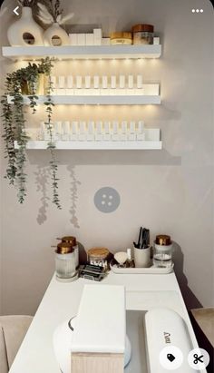 a white table topped with shelves filled with bottles and containers next to a potted plant