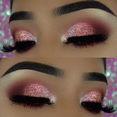 Cute Pink Eyeshadow Looks, Pink Glitter Eye Makeup, Makeup Cantik, Nye Makeup, Eyeliner Hacks, New Years Eve Makeup, Pink Eye Makeup, Glitter Eye Makeup