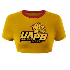 Show your Golden Lions pride with this striking University of Arkansas at Pine Bluff (UAPB) Crop Top. A standout in HBCU apparel, this crop top features a bold golden yellow body, accented by a vibrant red collar that captures the school's powerful colors. Crafted from flexible Lycra fabric, it offers a comfortable fit that moves with you whether you're cheering on the Golden Lions or representing UAPB around town. The chest proudly displays the UAPB Golden Lions logo, making it clear where your loyalty lies. This crop top is the perfect way to stay stylish and rep your HBCU with pride. Hbcu Apparel, Lions Logo, Lions Pride, Golden Lions, Logo Making, Lion Pride, Lion Logo, University Of Arkansas, Lycra Fabric