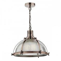 a light fixture with a glass dome hanging from it's center point on an isolated metal chain