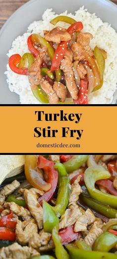 turkey stir fry with peppers and rice on a plate