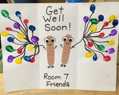 two handmade cards with the words get well soon and room 7 friends