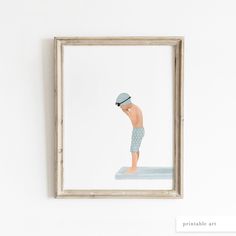 a painting of a man in swim trunks and cap standing on the edge of a pool