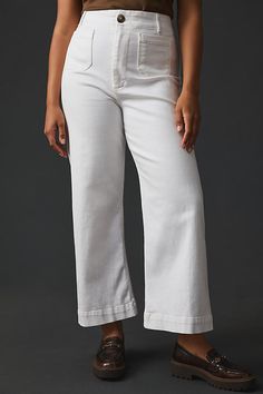 The pant so beloved, it sparked its own collection. Marked by a breezy wide-leg silhouette and form-fitting high-rise, the Colette Pant is tried, trued, and rave-reviewed. | The Colette Cropped Wide-Leg Jeans by Maeve in White, Women's, Size: 28, Cotton/Elastane at Anthropologie Elegant Cropped Leg Spring Jeans, Elegant Cropped Leg Jeans For Spring, Elegant Cotton Flare Jeans For Spring, Elegant White Flare Jeans For Spring, Spring Elegant Flare Denim Jeans, Elegant Spring Denim Flare Jeans, Elegant Mid-rise Flare Jeans For Spring, High Rise Wide Leg Jeans, Cropped Wide Leg Jeans