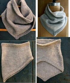 four pictures showing different ways to knit a shawl and how to use it for scarves