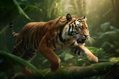 a tiger is running through the jungle