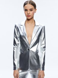 Alice + Olivia Macey Metallic Vegan Leather Blazer in Silver - Estilo Boutique Luxury Silver Elegant Blazer, Leather Pant, Alice And Olivia, Leather Blazer, Alice Olivia, Leather Skirt, Vegan Leather, That Look, Top Brands