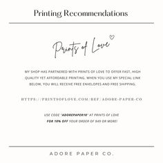 an ad for printing with the words prints of love written on it in black ink