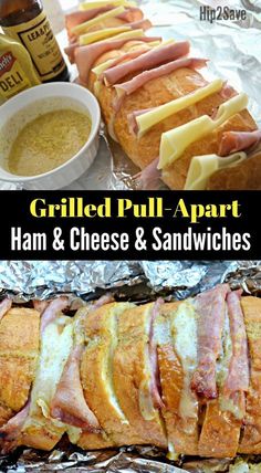 grilled pull apart ham and cheese sandwiches on tin foil with mustard in the background