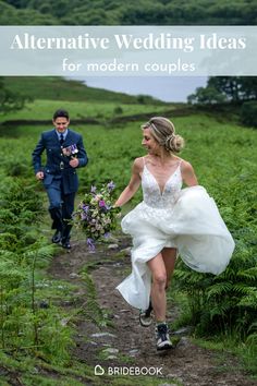 a bride and groom walking down a path with text overlay that reads alternative wedding ideas for modern couples