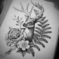 a drawing of a deer with flowers and leaves