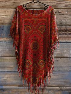 Women's Vintage Floral Totem Print Punk Hippie Batwing Tussle Fringes Poncho T-Shirt Casual Poncho With Tassels For Festivals, Bohemian Fall Top With Tassels, Bohemian Tops With Tassels For Fall, Casual Festival Poncho With Fringe, Bohemian Top With Tassels For Fall, Bohemian Tops With Frayed Hem And Short Sleeves, Bohemian Short Sleeve Top With Frayed Hem, Casual Festival Tops With Tassels, Casual Tops With Tassels For Festival