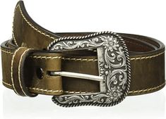 Distressed brown full-grain leather belt. Tan stitch along edge. 1.5 inch width. Brushed silver-tone filigree buckle with rope edge . Single leather keeper. Style: A1523402 Sparkly Belts, Nice Belts, Women's Belts, Belt Brown, Branded Belts, Brown Leather Belt, Brown Belt, Leather Chelsea Boots, Genuine Leather Belt