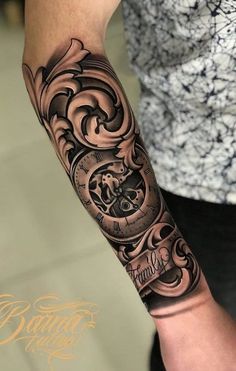 a man with a clock tattoo on his arm