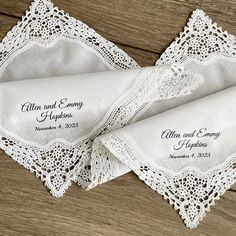 "Wedding gift for couple wedding date hankies - A unique way to remember your special day! These beautiful, soft cotton hankies offer a special way to gift on the engagement day for the couple.  Save the date gift - A must-have for remembering your wedding date! An elegant and timeless way to announce your blessed event that will be treasured forever.  100% cotton high-quality handkerchief Hankie Size: 12 x 12 inches approx Create your own Poem/Verse/message. You can write your own unique text. I will do it a maximum of 80 words long. The text is not embroidered, the text is not printed. The text is made of special transfer vinyl. Production time 2 weeks. A lot of different texts for the bride in the folder \"for the bride\" https://www.etsy.com/shop/Mamooby?ref=seller-platform-mcnav&secti White Cotton Handkerchiefs Gift Set, White Cotton Handkerchiefs For Gifts, Personalized Elegant Handkerchiefs For Bridal Shower, Elegant Personalized Handkerchiefs For Bridal Shower, Elegant Customizable Handkerchiefs For Bridesmaid Gift, Elegant Customizable Handkerchiefs For Bridal Shower, Customizable White Handkerchiefs For Anniversary, Wedding Gift For Couple, Engagement Gifts For Couples