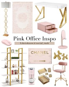 pink office inspo with gold accents and accessories for the desk, chair, bookshelf