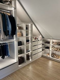 the closet is full of shoes and handbags