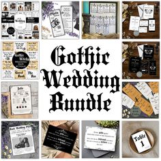 a collage of different wedding cards with the words gothic wedding bundle written in black and white