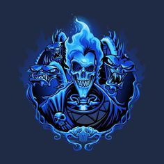 an image of a skull and demon on a dark background with blue flames in the middle