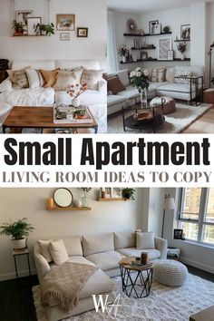 small apartment living room decorating ideas to copy on the walls and floor, with text overlay