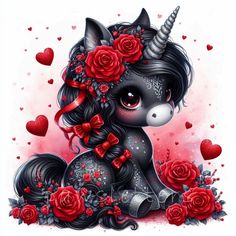 a drawing of a unicorn with roses on its head and horns, sitting in front of hearts