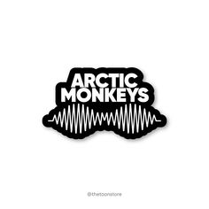 the arctic monkeys sticker is shown in black and white, with sound waves on it