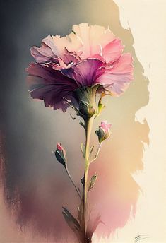 a painting of a pink flower on a white and purple background with watercolor effect